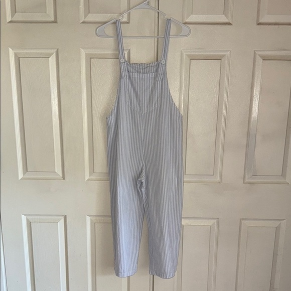 Bishop + Young White With Blue Stripes Cropped Leg Overalls - Picture 1 of 6